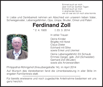 Traueranzeige von Ferdinand Zoll von Hersfeld