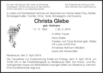Traueranzeige von Christa Glebe von Hersfeld