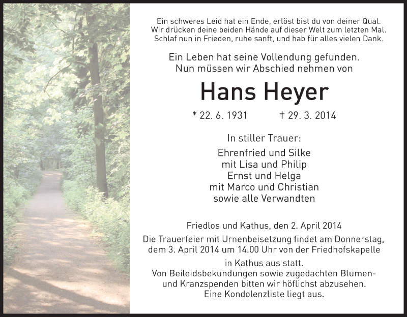  Traueranzeige für Hans Heyer vom 02.04.2014 aus Hersfeld