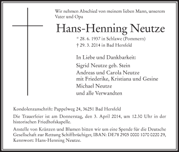 Traueranzeige von Hans-Henning Neutze von Hersfeld