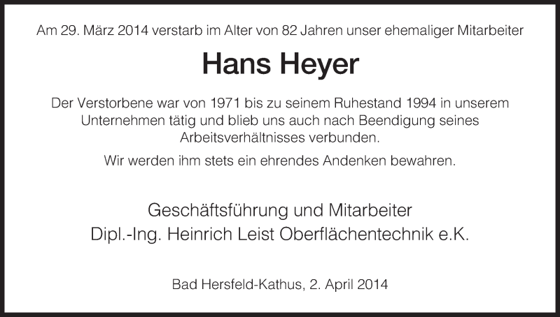  Traueranzeige für Hans Heyer vom 02.04.2014 aus Hersfeld
