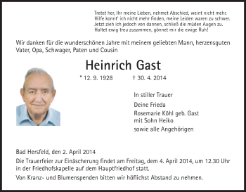 Traueranzeige von Heinrich Gast von Hersfeld