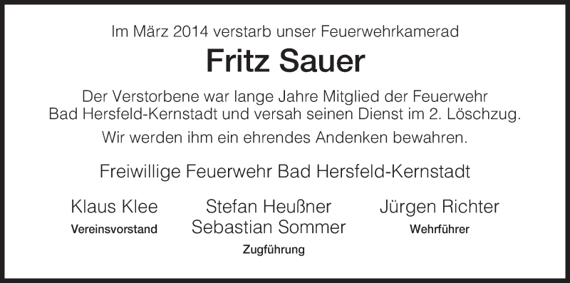  Traueranzeige für Fritz Sauer vom 07.04.2014 aus Hersfelder Zeitung