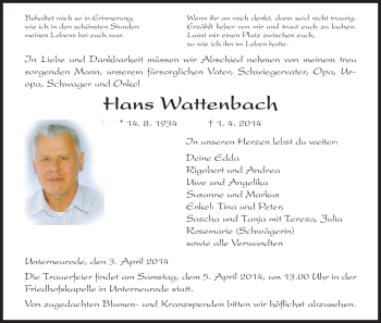 Traueranzeige von Hans Wattenbach von Hersfeld