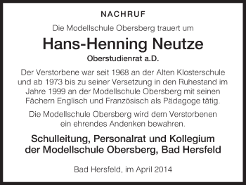 Traueranzeige von Hans-Henning Neutze von Hersfeld