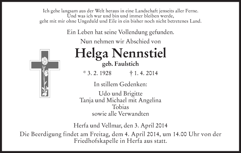  Traueranzeige für Helga Nennstiel vom 03.04.2014 aus Hersfeld