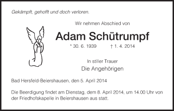 Traueranzeige von Adam Schütrumpf von Hersfeld