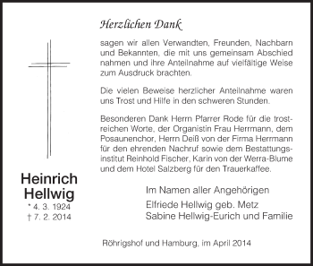 Traueranzeige von Heinrich Hellwig von Hersfeld