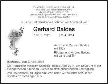 Traueranzeige von Gerhard Baldes von Hersfeld