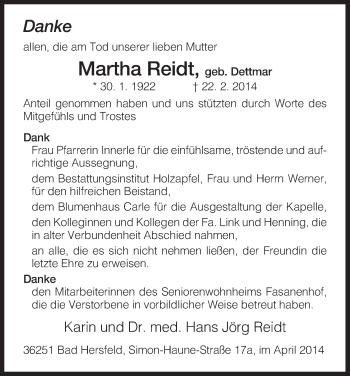 Traueranzeige von Martha Reidt von Hersfeld