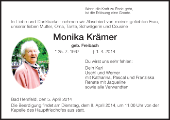 Traueranzeige von Monika Krämer von Hersfeld