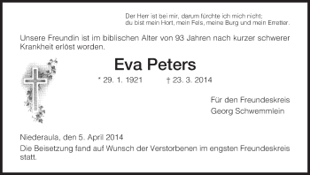 Traueranzeige von Eva Peters von Hersfeld