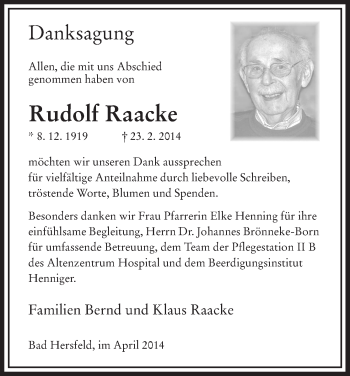 Traueranzeige von Rudolf Raacke von Hersfeld