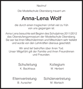 Traueranzeige von Anna-Lena Wolf von Hersfeld