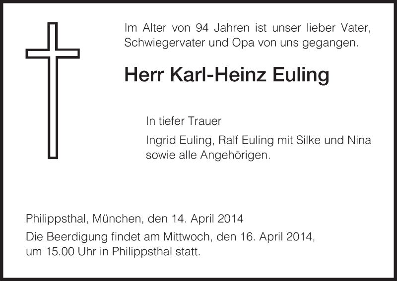  Traueranzeige für Karl-Heinz Euling vom 15.04.2014 aus Hersfeld