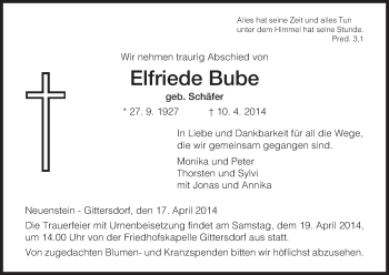 Traueranzeige von Elfriede Bube von Hersfeld