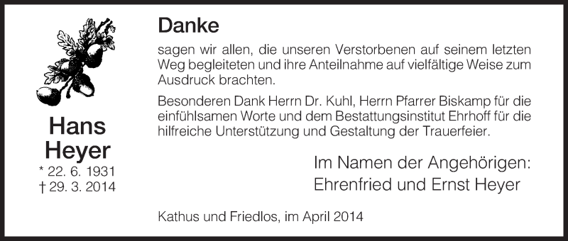  Traueranzeige für Hans Heyer vom 17.04.2014 aus Hersfeld