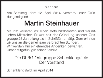 Traueranzeige von Martin Steinhauer von Hersfeld