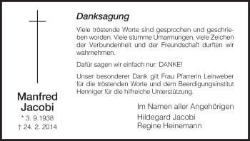 Traueranzeige von Manfred Jacobi von Hersfeld