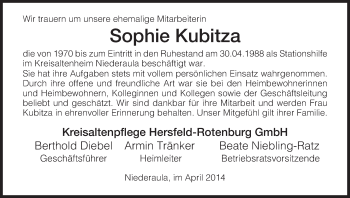 Traueranzeige von Sophie Kubitza von Hersfeld