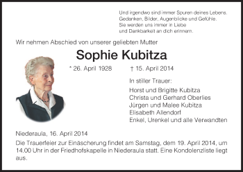 Traueranzeige von Sophie Kubitza von Hersfeld