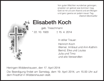 Traueranzeige von Elisabeth Koch von Hersfeld