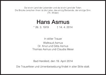 Traueranzeige von Hans Asmus von Hersfeld
