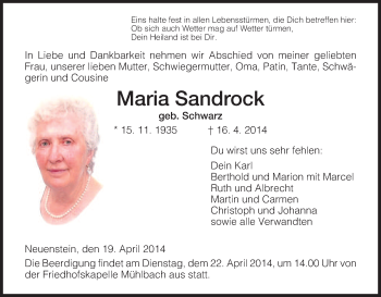 Traueranzeige von Maria Sandrock von Hersfeld