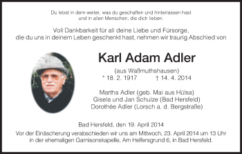 Traueranzeige von Karl Adam Adler von Hersfeld