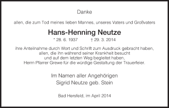 Traueranzeige von Hans-Henning Neutze von Hersfeld