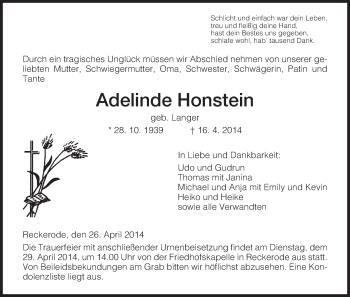 Traueranzeige von Adeline Honstein von Hersfeld