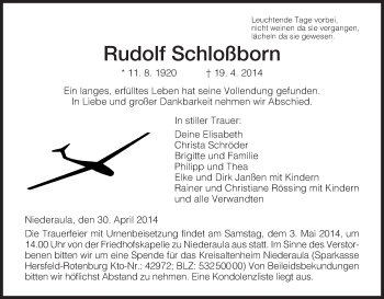 Traueranzeige von Rudolf Schloßborn von Hersfeld