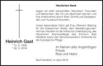 Traueranzeige von Heinrich Gast von Hersfeld