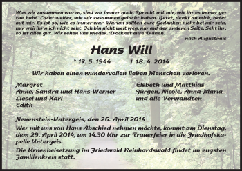 Traueranzeige von Hans Will von Hersfeld