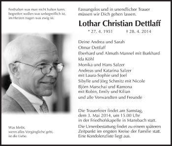 Traueranzeige von Lothar Christian Dettlaff von Hersfelder Zeitung