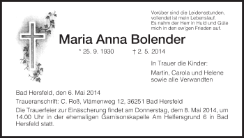 Traueranzeige von Maria Anna Bolender von Hersfeld