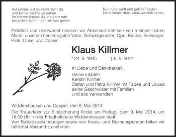 Traueranzeige von Klaus Killmer von Hersfeld