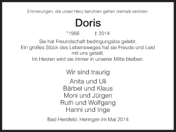 Traueranzeige von Doris  von Hersfeld