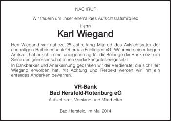Traueranzeige von Karl Wiegand von Hersfeld
