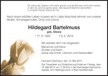 Traueranzeige von Hildegard Bartelmuss von Hersfeld