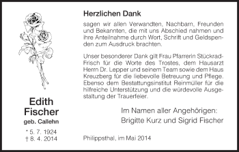 Traueranzeige von Edith Fischer von Hersfeld