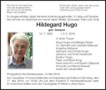 Traueranzeige von Hildegard Hugo von Hersfeld