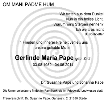 Traueranzeige von Gerlinde Maria Pape von Hersfeld