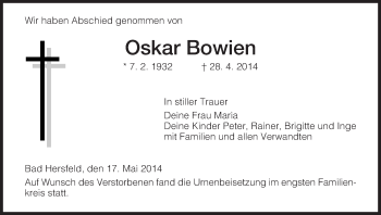 Traueranzeige von Oskar Bowien von Hersfeld