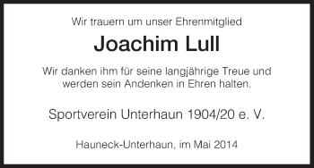 Traueranzeige von Joachim Lull von Hersfeld