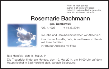Traueranzeige von Rosemarie Bachmann von Hersfeld