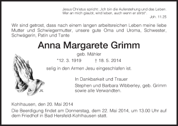 Traueranzeige von Anna Margarete Grimm von Hersfeld