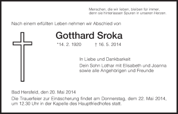 Traueranzeige von Gotthard Sroka von Hersfeld