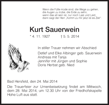 Traueranzeige von Kurt Sauerwein von Hersfeld