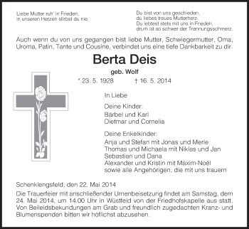 Traueranzeige von Berta Deis von Hersfeld
